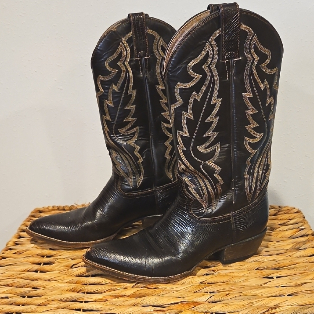Vintage Diamond J Leather Mens Black Western Cowboy Boots Sz. 8 EE Wide